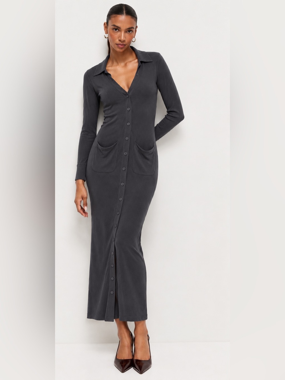 100% Viscose Long Sleeve Button-Front Maxi Dress in Charcoal